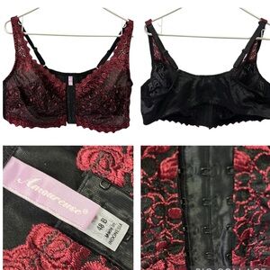 Amoureuse Burgundy & Black Lace Front Hook and Eye Closure Bra Womens 48B